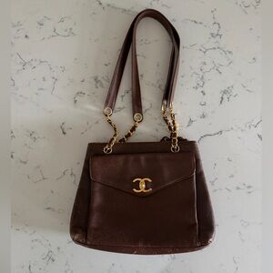 Chanel Leather Shoulder Bag Brown Vintage Coco Mark Good Chocolate Purse Gold